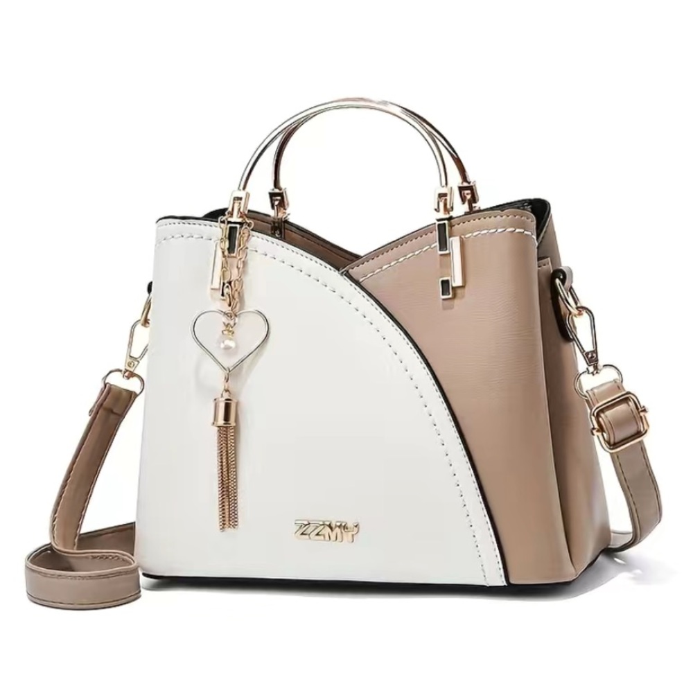 CHIC COLOR BLOCK METAL TASSEL SATCHEL CROSSBODY BAG - TAN